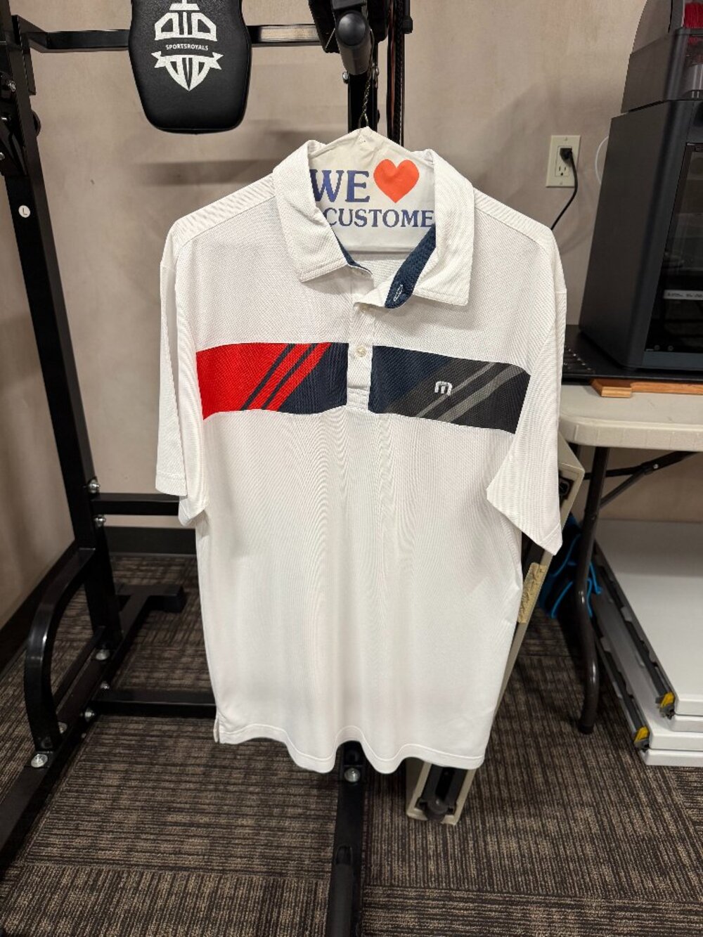 TravisMathew White Red Navy Colorblock Performance Golf Polo Size M